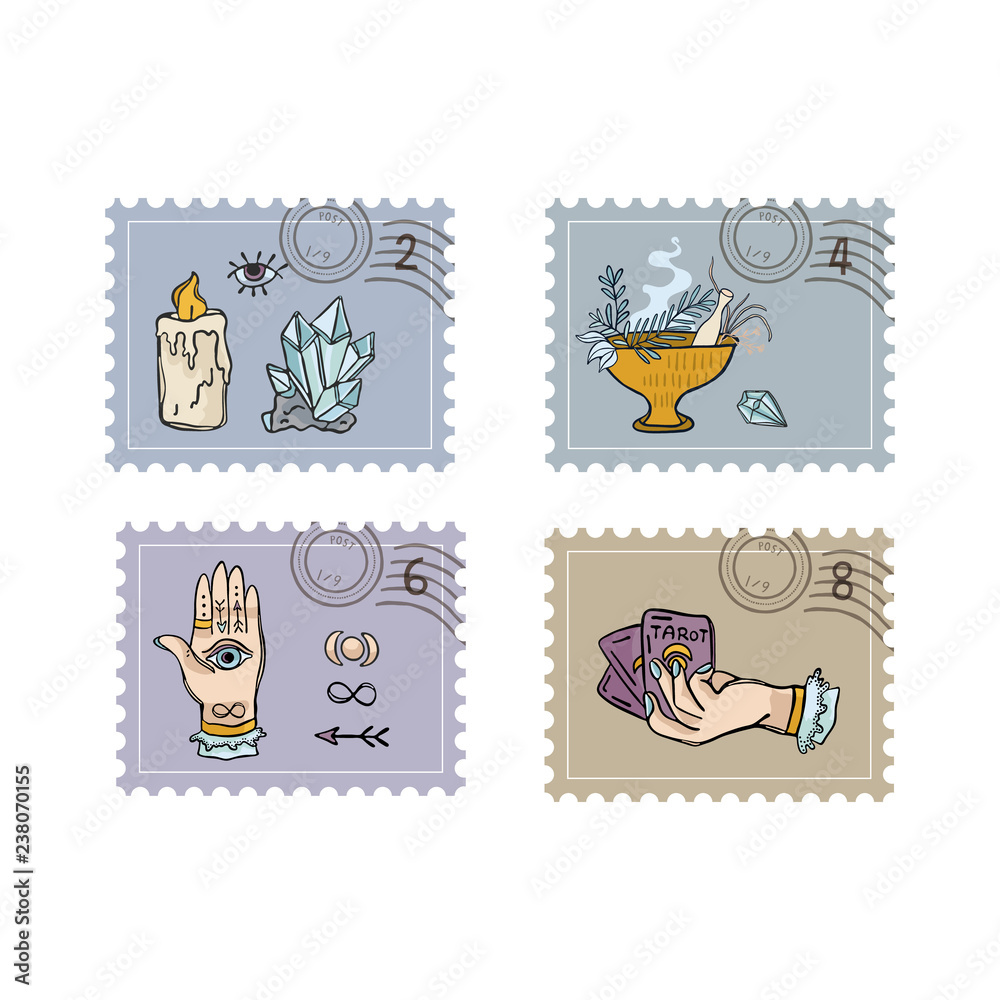 Quartz Crystal Magic Postage Stamps. Hand Drawn Seamless Vector Border.  Sacred Symbols Postal Stationery. Tarot, Crystals, Incense for Meditation  Journal, Mail Art Banner, Boho New Age Planner Ribbon Stock Vector