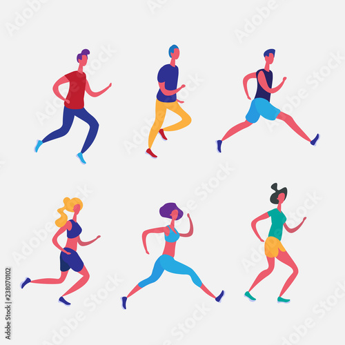 set man woman running cartoon character sport activities isolated healthy lifestyle concept full length flat