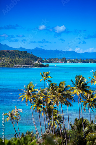 Blue lagoon of island Bora Bora, Polynesia. Mountains, the sea, palm trees.