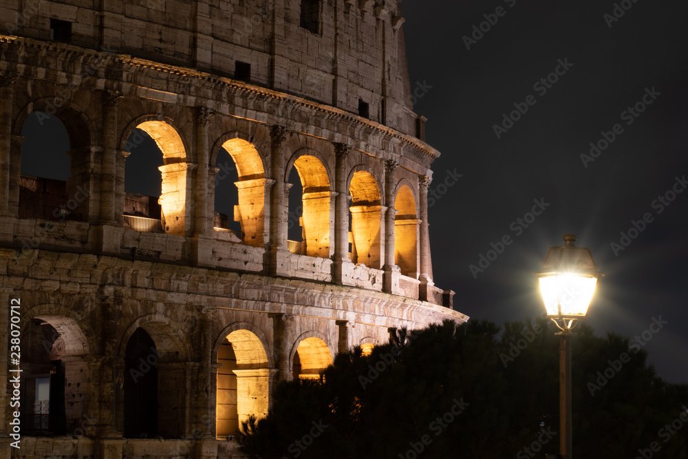 Night images of the exterior of the coloseum, also known as Il Coloseo, in Rome, Italy.