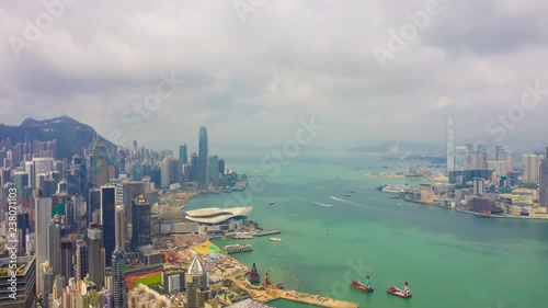 sunny day wan chai district cityscape harbour bay aerial timelapse panorama 4k hong kong
 photo