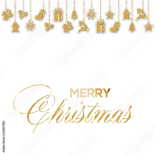 Christmas greeting card with gold ornaments. Vector.