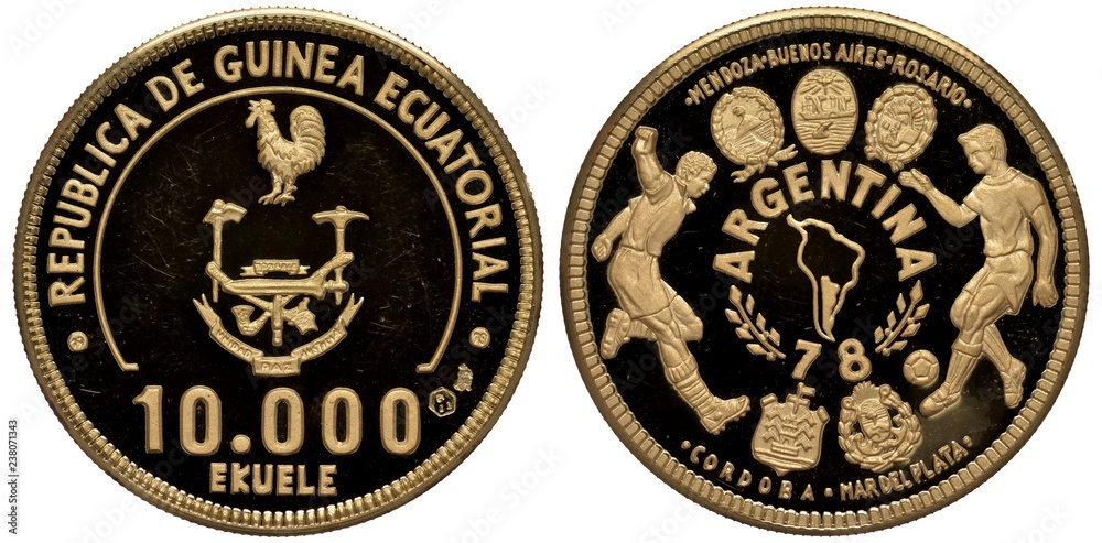 Equatorial Guinea Guinean golden coin 10000 ten thousand ekuele 1978, arms, map of Argentina flanked by two soccer players, shields of cities above and below,