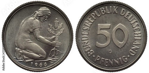 Germany German coin 50 fifty pfennig 1966, woman planting oak tree, large digits of value in center, 