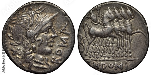 Ancient Roman Republic silver coin, denarius, 116-115 BC, head of Roma in winged helmet right, Jupiter in chariot pulled by four horses, moneyer Domitius Ahenobarbus,