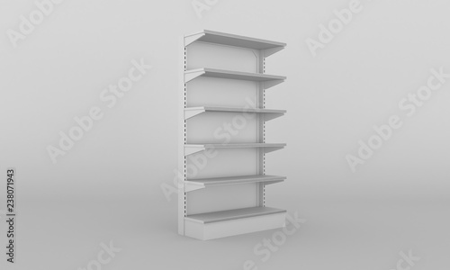Fototapeta Naklejka Na Ścianę i Meble -  Creative 3d render of empty store shelves isolated on background. Retail shelf design. Abstract concept graphic showcase display element. Supermarket product advertising blank mockup.