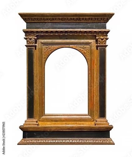 Medieval wooden frame for paintings, mirrors or photo isolated on white background
