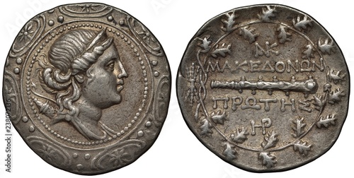 Ancient Greece Roman Province of Macedonia silver coin tetradrachm 158-150 BC, Artemis surrounded by Macedonian shields, mace within circular oak wreath, photo