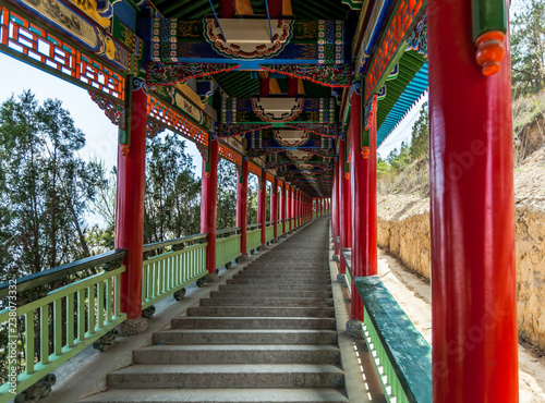 Traditional ornaments decorate that adorn the path to the top of the mountain, Lanzhou, China.