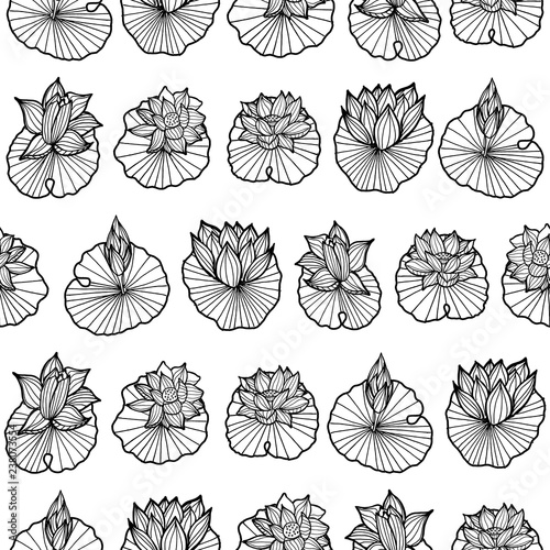Black and white lineart waterlily-lotus pads arranged in rows seamless vector repeat pattern.