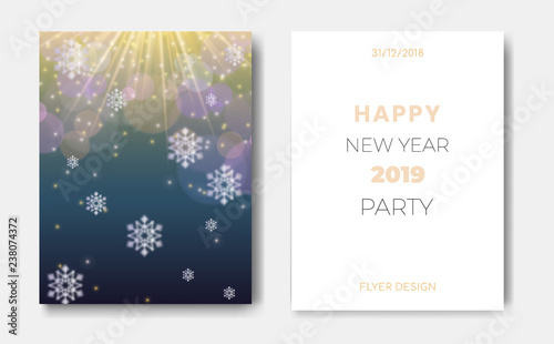 Set of 2 Happy New Year night banner flyers with Christmas snowflakes,glowing stars,light flashes,highlight circles on blue backdrop.Night club party flyer poster,greeting card,web online concepts