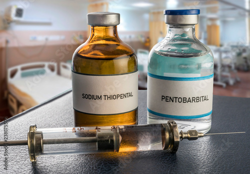 Two vials of Sodium Thiopental Anesthesia and pentobarbital in a hospital, conceptual image photo