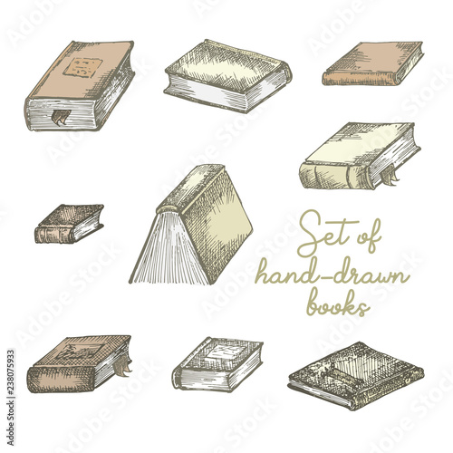 Set of hand drawing sketch books for concept vintage design fair or festival flyer, paper, banner, school library retro poster, bookshop advertising. in engraving style