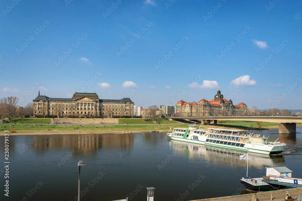 Panoramic aerial view of the city including the Dresden Academy of Fine Arts cupola, the Albertinum Museum and the Elba River, Altstadt