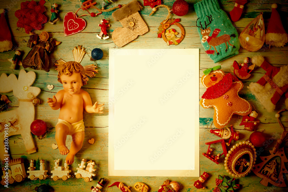 Fototapeta premium Christmas Baby Jesus, blank frame background cards
