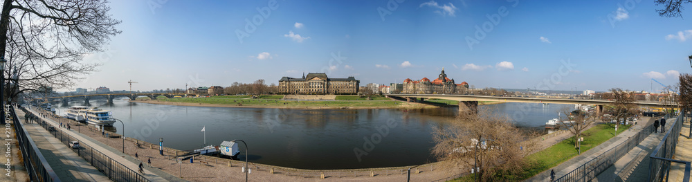 Panoramic aerial view of the city including the Dresden Academy of Fine Arts cupola, the Albertinum Museum and the Elba River, Altstadt