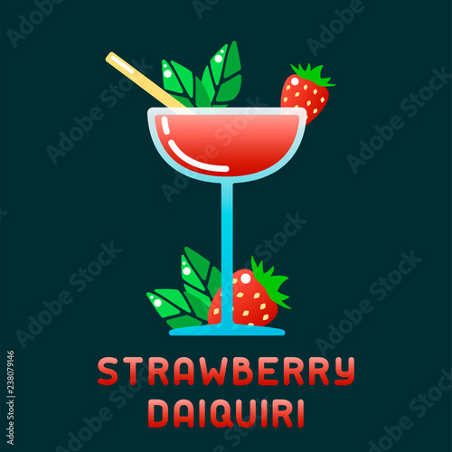 Tropical cocktail strawberry daiquiri with decorations and name. Flat style vector illustration. Suitable for advertising, applications, menu design or web