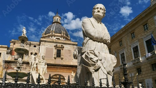 Piazza Pretoria, Palermo, Sicily, Italy.  the Fontana Pretoria, dated 1554, by the sculptor Francesco Camilliani. In the backgroung is Church of St. Catherine dated century 16th. photo