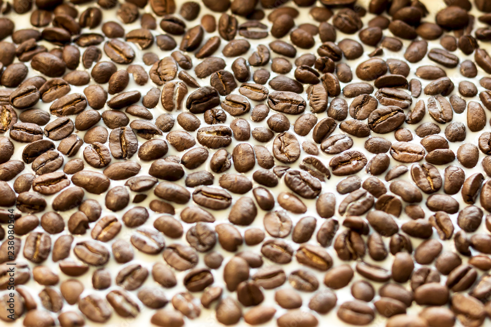 Texture of coffee and milk. Whole grains of coffee in milk. selective focus in the center