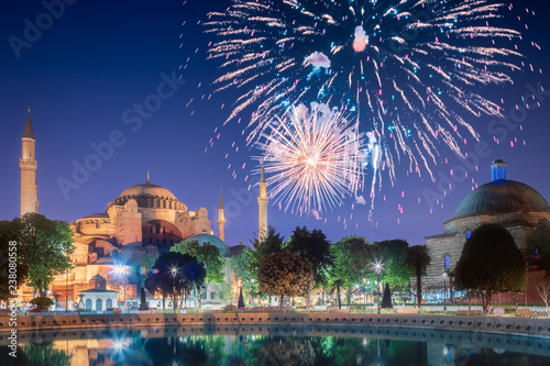 Canvas Print Beautiful fireworks above Hagia Sophia in Istanbul