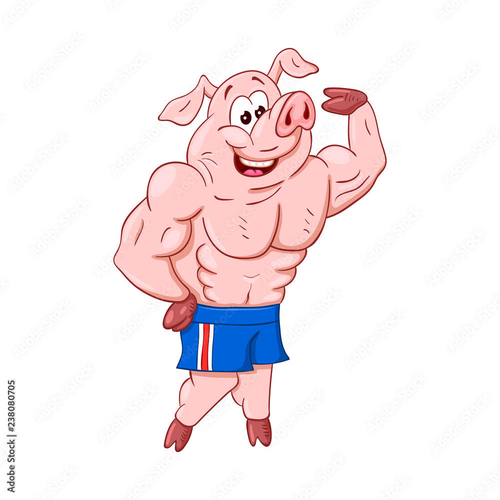 Powerful male pig bodybuilder shows his impressive muscles. Funny cartoon  character.... Stock Vector | Adobe Stock