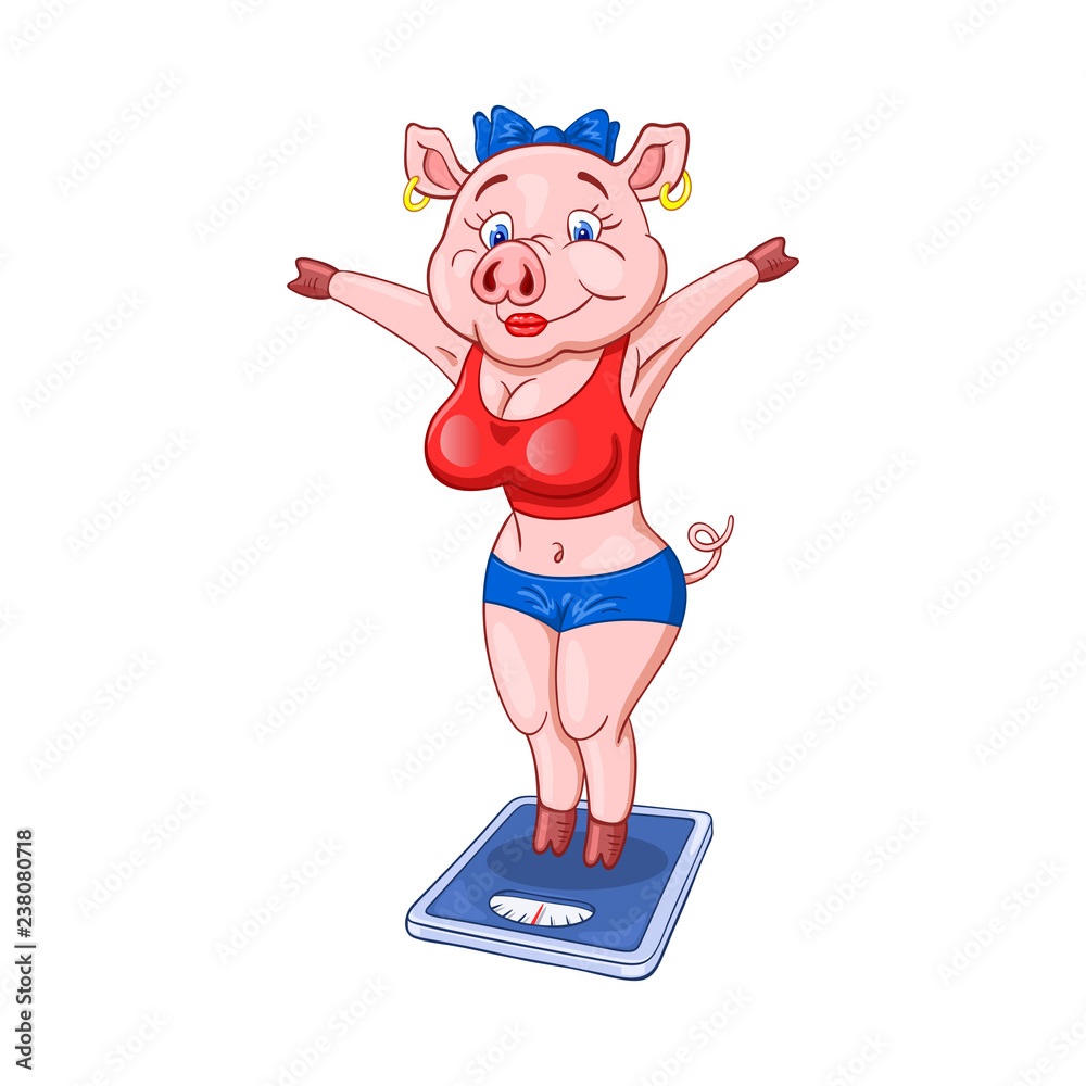 Cute female pig with pleased face in a fitness sportswear standing on floor  scales. Funny cartoon character.... Stock Vector | Adobe Stock
