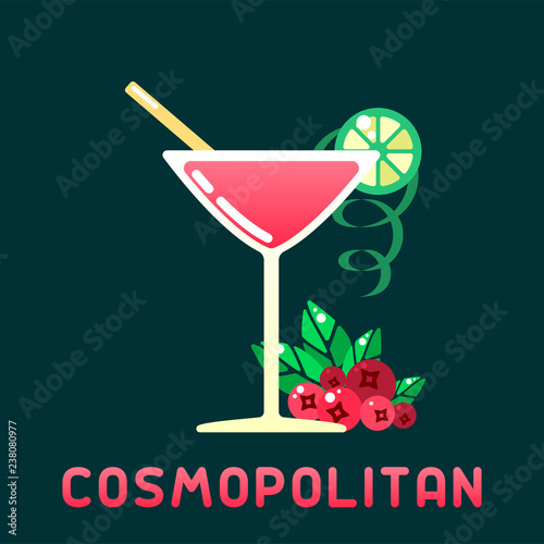 Alcohol cocktail cosmopolitan with decorations and name. Flat style vector illustration. Suitable for advertising, applications, menu design or web