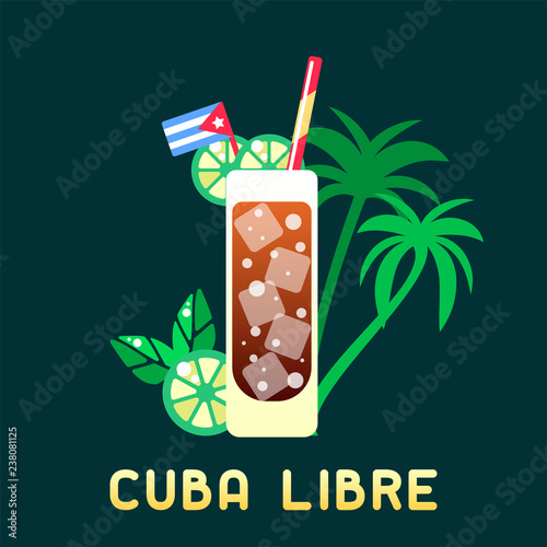 Tropical cocktail cuba libre with decorations and name. Flat style vector illustration. Suitable for advertising, applications, menu design or web