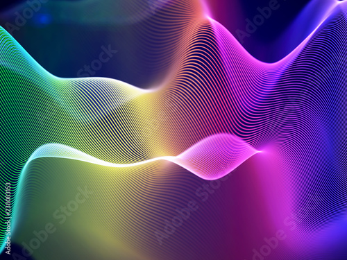 3D visualization of sound waves. Big data or information concept: Multicolor chart. Data abstract: futuristic digital landscape. Visual sound waves or audio equalizer. EPS 10 vector illustration.