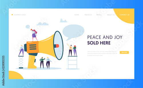 Advertising Mass Marketing Landing Page Website Template Design. Woman Scream Loudspeaker to Group of People for Web Page. Flat Cartoon Vector Illustration Character