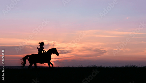 Galloping horse with female rider on beautiful colorful sunset background. Romantic equine and female silhouette on horse hiking with red rising sun on horizon © Max