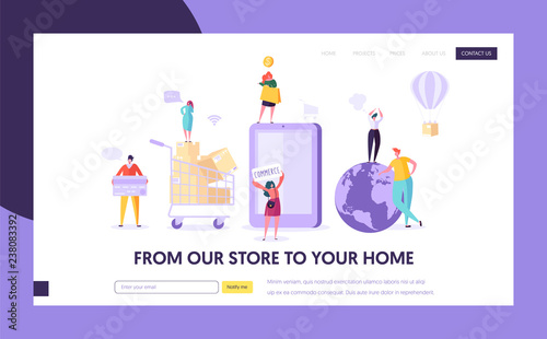 Ecommerce Store Global Shopping Landing Page. Woman Shop Online Using Smartphone. E-commerce Retail, Sale Concept. Online Order Delivery for Website or Web Page. Flat Cartoon Vector Illustration