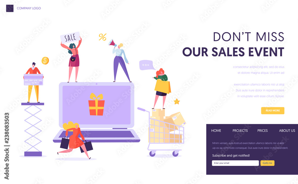 Online Store Sale Landing Page Template. Woman Shop Online Using Laptop. E-commerce, Consumerism, Retail Concept. Characters Shopping Purchase for Website or Web Page. Flat Cartoon Vector Illustration