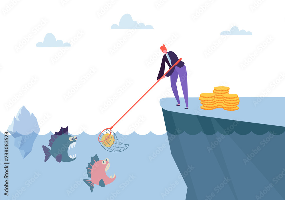 Hard Competition Making Money Profit. Woman Character Catching Dollar Coin  From Sea full of Danger Fish Metaphor. Flat Cartoon Vector Illustration  Stock Vector