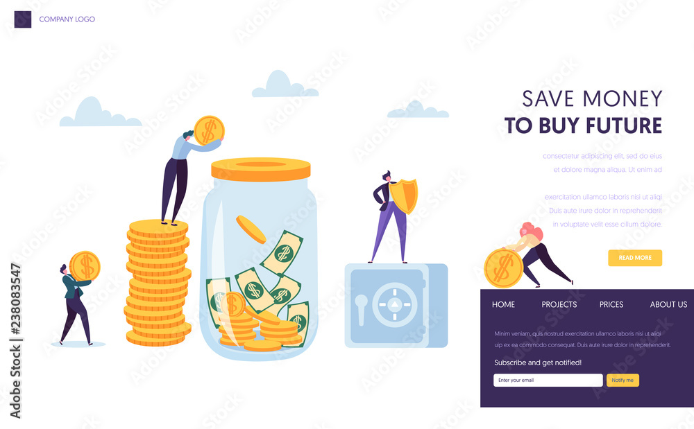Save Money Safe Landing Page Template. Man putting Dollar Coin into Jar. Financial Secure Concept Banner for Website or Web Page. Flat Cartoon Vector Illustration Save Money Safe Landing Page Template. Man putting Dollar Coin into Jar. Financial Secure Concept Banner for Website or Web Page. Flat Cartoon Vector Illustration