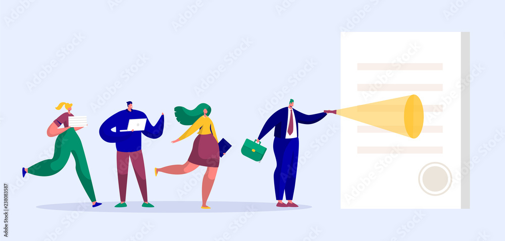 Businessman Character Reading Contract with Stamp. Giant Team People Looking at Paper Agreement Template Lighting Flashlight. Flat Cartoon Vector Illustration