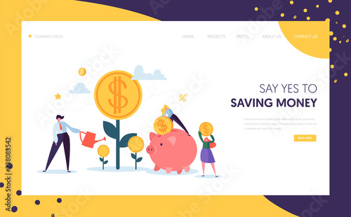 Money Profit Grow Business Landing Page. Investment Financial Concept. People Increasing Capital and Profits Watering Tree Characters for Website or Web Page. Flat Cartoon Vector Illustration