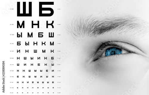 Human male blue eye close up, check of human vision, alphabet chart,  table