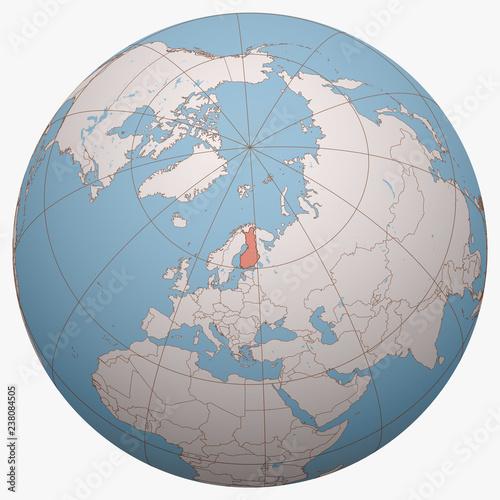 Finland on the globe. Earth hemisphere centered at the location of the Republic of Finland. Finland map.