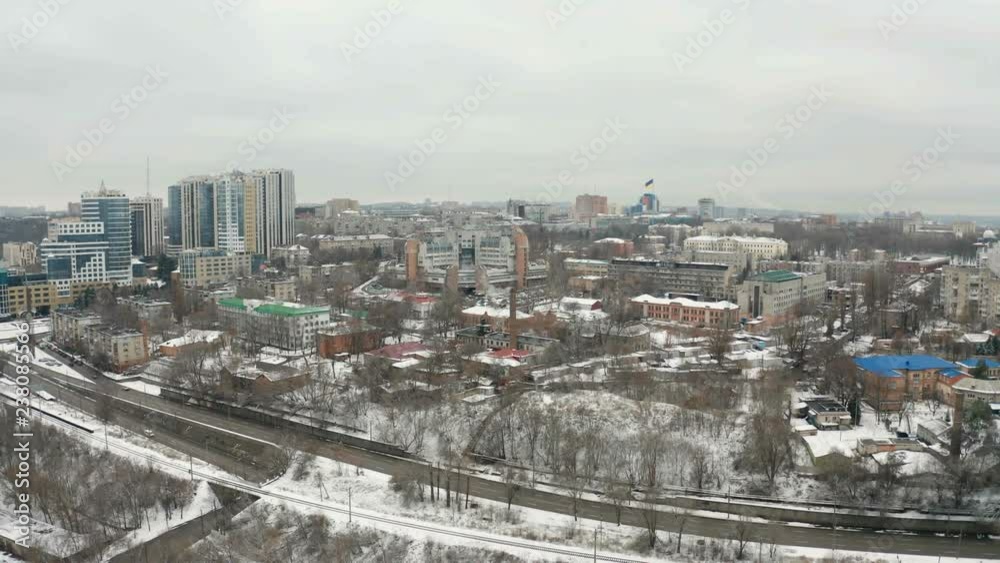 Bird's eye view from drone on winter cityscape of downtown area of Dnipro city. 4k video footage from quadcopter. (Dnepr, Dnepropetrovsk, Dnipropetrovsk). Ukraine Bird's eye view from drone on winter cityscape of downtown area of Dnipro city. 4k video footage from quadcopter. (Dnepr, Dnepropetrovsk, Dnipropetrovsk). Ukraine