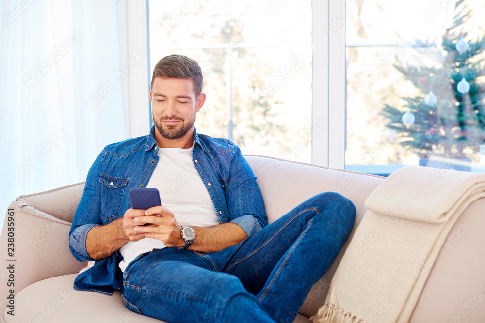 Young businessman text messaging while sitting on couch
