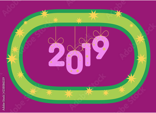 Numbers 2019 hang on a stylized wreath like inflatable balloons or ornaments. Year.