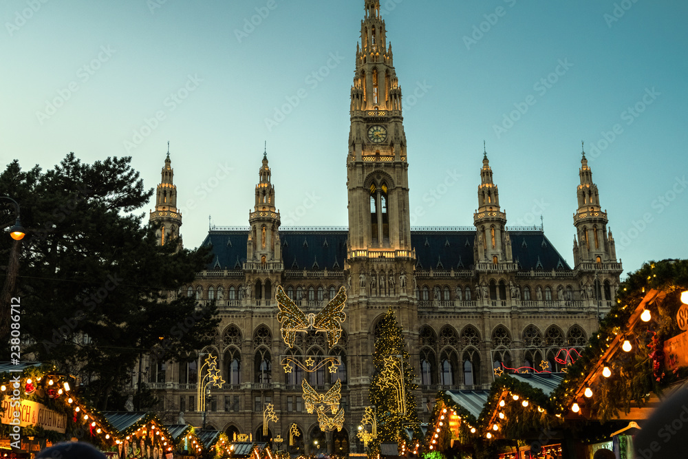 Christmas decoration with bright lighting and toys in front of Town Hall not far from MarieTerzien Platz in Vienna.