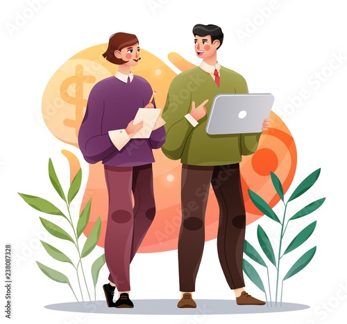 Business colleagues discussing project. Businessman and woman with tablet. Office work concept. Vector