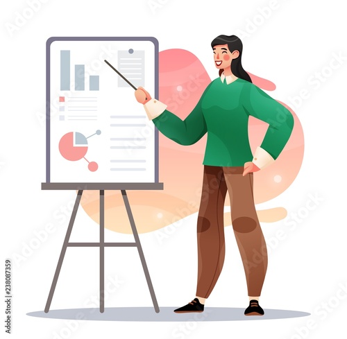 Attractive business teacher woman giving presentation or lecture on a modern flipchart. Businesswoman showing flipchart. Vector