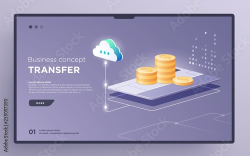 Slide, hero page or digital technology banner. Money transfer business concept. Isometric illustration