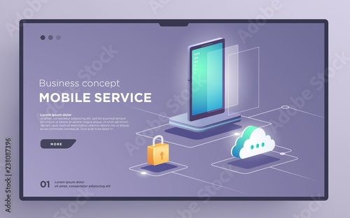Slide, hero page or digital technology banner. Mobile service business concept. Isometric illustration