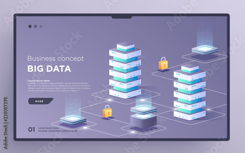 Slide, hero page or digital technology banner. Big data business concept. Isometric illustration