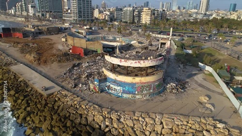 Tel  Aviv old dolphinarium ruins, aerial 4k ungraded flat photo