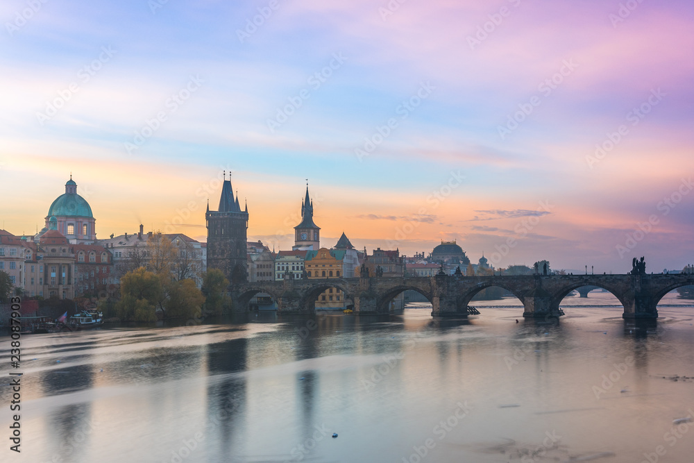 prague charles bridge view at morning, czech republic